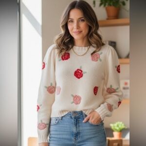 Embroidered Knit Sweater with Red and Pink Roses